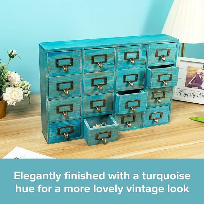 Teal 16-Slot Wooden Drawer Unit - Country Style Desk Organizer Box - 20"x3.6”x14” Wooden Storage Box w/ 16 Drawers - Countertop Drawers w/Label Holder & Handle - Slim 4-Level Desk Organizer