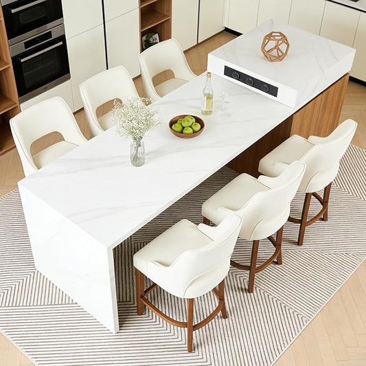 ClinQ Bar Stools Set of 6, 26" H Counter Height Bar Stools with Backs, Modern Upholstered Accent Barstools with Curved Footrest for Kitchen Island, Dining Room and Bar, Beige-Walnut Legs