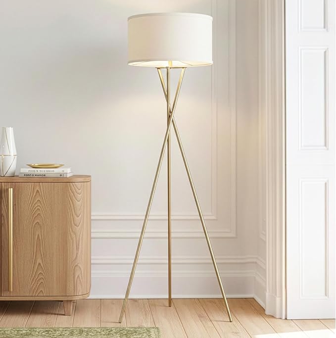 Brightech Jaxon LED Floor lamp, Modern Lamp for Living Rooms & Offices, Tall Lamp with Contemporary Drum Shade, Gold Tripod Standing Lamp for Bedroom Reading, Great Living Room Decor - Brass