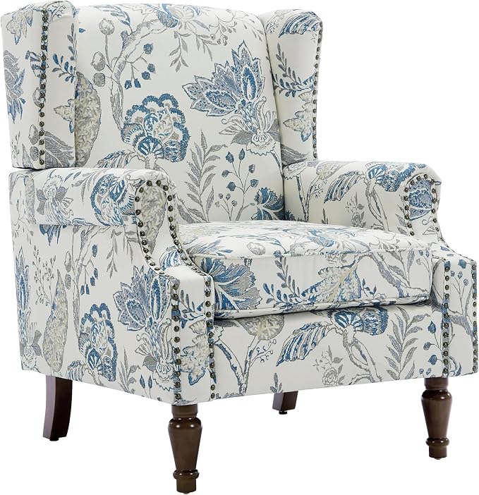 High Back Floral Accent Chairs Set of 2, Upholstered Armchair in Fabric, Retro Printed Wingback Arm Chair for Living Room, Nailhead Trim Single Sofa Bedroom Reading Seat - Plants Blue