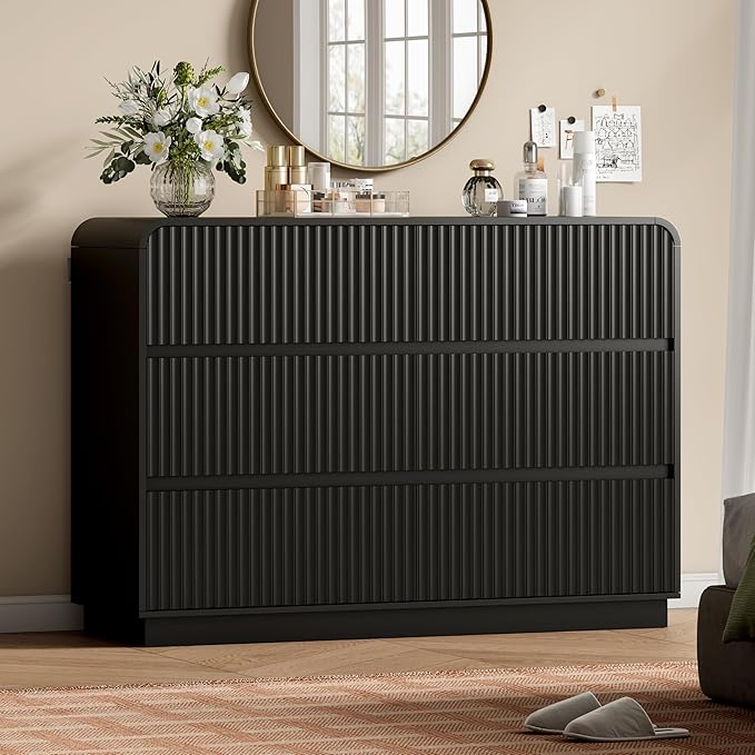 Black Dresser Fluted 6 Drawers Dresser for Bedroom, 47" Wide Wood Chest of Drawers with Hidden Handles & Rounded Corners, Modern TV Stand Storage Cabinet for Living Room, Hallway, Entryway