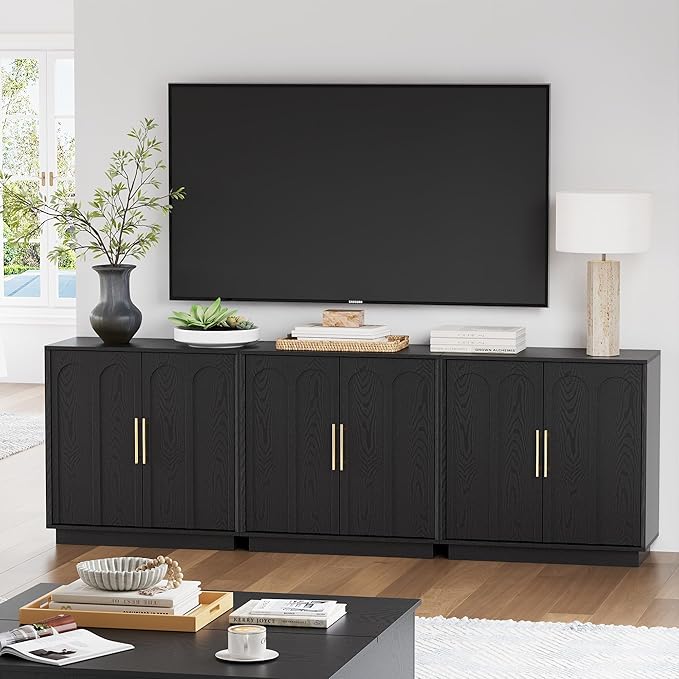 Sideboard Buffet Cabinet with Storage Set of 2, Mid Century Modern Accent Cabinet with Arched Doors, Modular Media Console, Credenza for Living Room Kitchen Dining Room Entryway, Black
