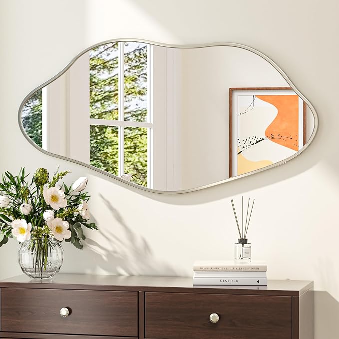 Keonjinn Nickel Irregular Mirrors for Wall 48" x 24" Inch, Asymmetrical Metal Frame, Tempered Glass Decorative Mirror for Bathroom, Bedroom, Living Room, Entryway(Horizontal/Vertical)