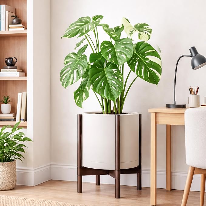 D'vine Dev Planter Pot with Stand - 14 Inch Plastic Cylinder Flower Pot with Wood Planter Holder for Indoor, Oatmeal Pot + Walnut Color Stand, 55-C-R-3