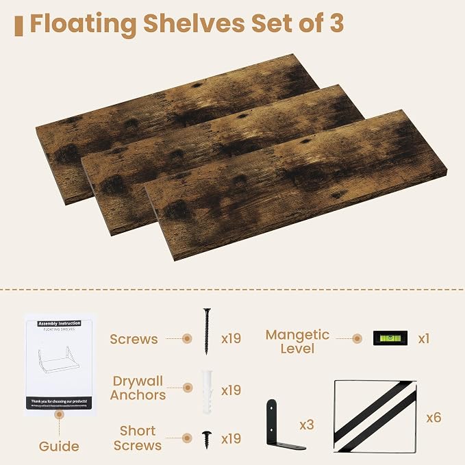 Heimlove Floating Book Shelves for Wall,23.6 Inches Wall Bookshelf Mounted Display&Storage Wood Shelves for Kitchen Bathroom Laundry Living Room,Set of 3,Rustic Brown