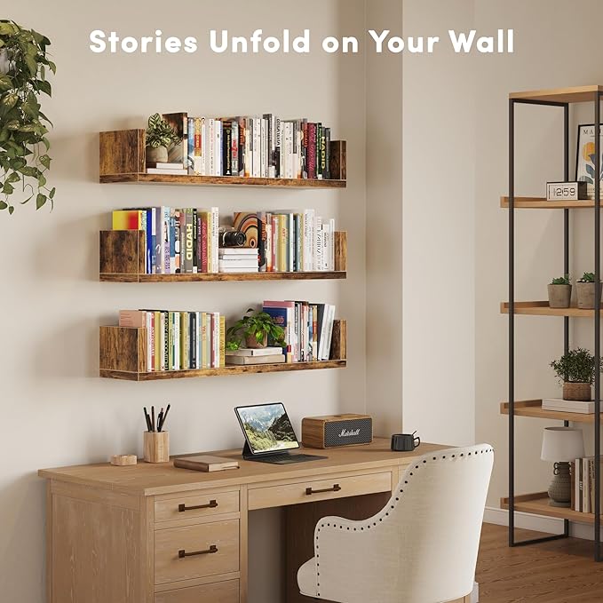Wall Bookshelf, Set of 3, U Shaped Floating Bookshelf, Hanging Bookshelves for Wall, Wall Mounted Shelves for Living Room Bedroom Office (Rustic Brown, 17 Inches, 3)