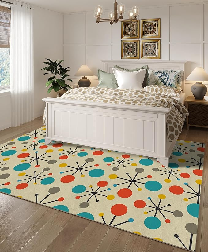 Retro Area Rug for Living Room Bedroom Dining Room 3‘x5’, Mid Century Modern Atomic Living Room Rug Non-Slip, Yellow Floor Rug Carpet Machine Washable