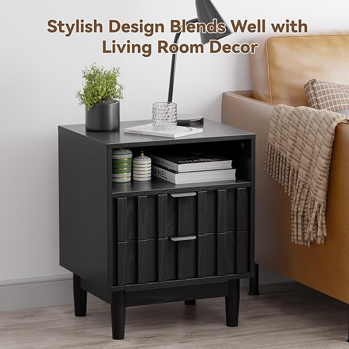 Fluted Nightstand, 19" Wide Night Stand with Solid Wood Legs, Open Storage Shelf, Mid Century Modern Wooden Bedside Table for Bedroom, Bed End Side Table, Black