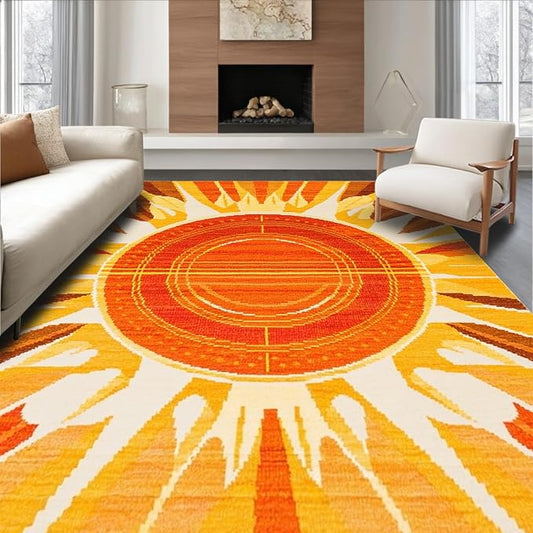 Flatwoven High Traffic Area Rug 5x7, Vintage Sunburst Area Rug with Retro Rays and Warm Earth Tone Palette, Non Slip, Stain Resistant, Washable Area Rugs for Living Room, Bedroom (Orange, 5x7)