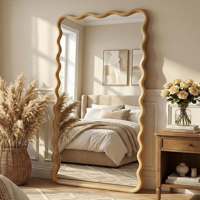 TRAHOME Wavy Mirror for Wall, 55"x28" Boho Wavy Wood Mirror Large Full Length Decorative Mirror with Tempered Glass, Natural Wooden Frame Vanity Mirror for Bedroom, Living Room, Entryway