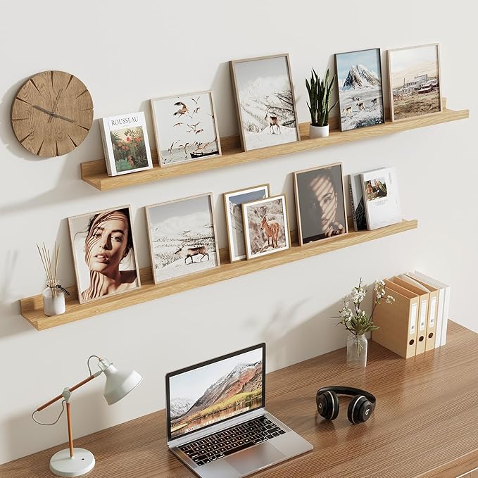 Vivelove Oak Picture Ledge Shelf,Floating Wall Mounted Shelves, Black Shelves for Wall Decor, Modern Picture Ledge Shelf with Lip for Storage, Bedroom, Living Room, Bathroom,Nursery Display