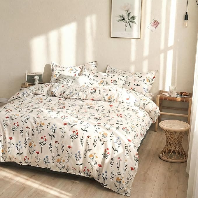 Duvet Cover King Size - 100% Cotton Red and Yellow Floral Duvet Cover Set with Zipper Closure, 3 Pieces Soft & Breathable Botanical Bedding Set for All Seasons