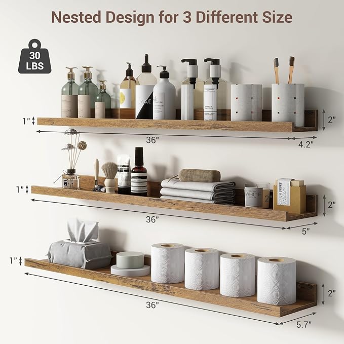 Axeman 36 Inch Floating Shelves | Brown Picture Ledge Shelf Set of 3 | Rustic Brown Wood Wall Shelves with Lip | 36" Picture Shelf for Wall with Ledge | Photo Shelves
