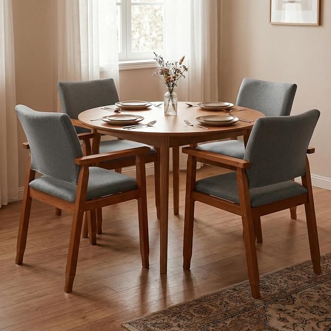 Set of 2 Mid Century Modern Walnut Dining Chairs Wood Arm Grey Fabric Kitchen Cafe Living Room Decor Furniture