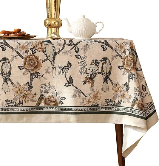 ISAENNE Designer Vintage Linen Tablecloth Rectangular,Floral and Bird Pattern Elegant Table Cloth,Fall Wrinkle Resistant Decor Tablecloths for Dining Kitchen Party Christmas,55"*79"-Murad A
