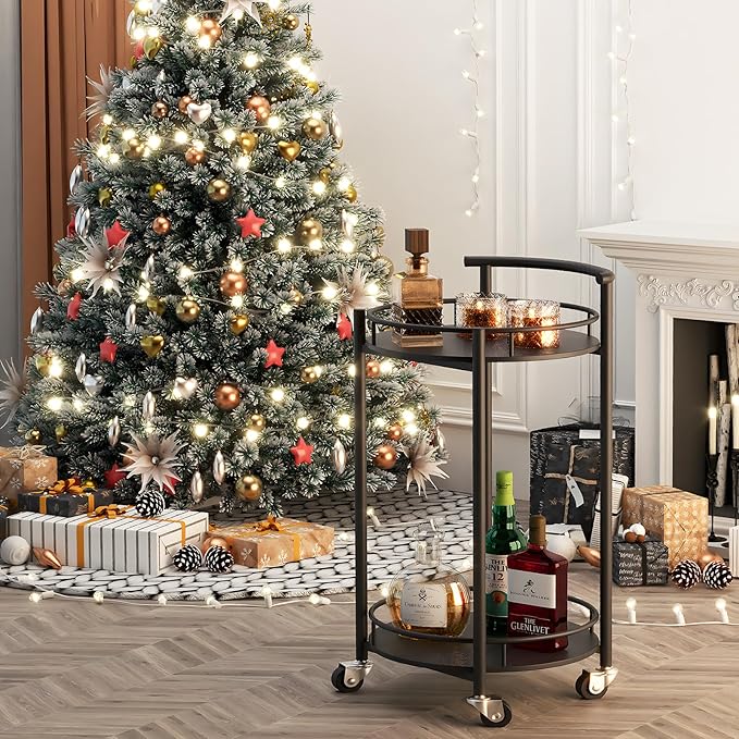 Bar Cart Black Rolling Cart for Home,2 Tiers Bar Serving Cart Round Wine Cart with Handle, Metal Wine Rack and Casters, Serving Bar Trolley for Home Kitchen,Living Room,Christmas,New Year