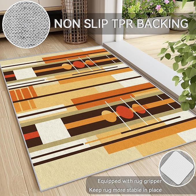 Contemporary Geometric Rug 4x5, Washable Retro Stripe Rugs for Living Room Bedroom, Mid Century Modern Area Rug for Home Decor, Non Slip Backing Floor Carpet with Gripper - 4 x 5 ft