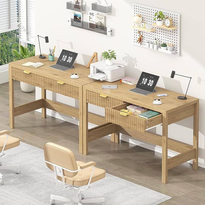 YOMILUVE Fluted Computer Desk with 2 Drawers, 39 Inch Small Computer Desk with Storage, Compact Writing Study Desk for Small Spaces