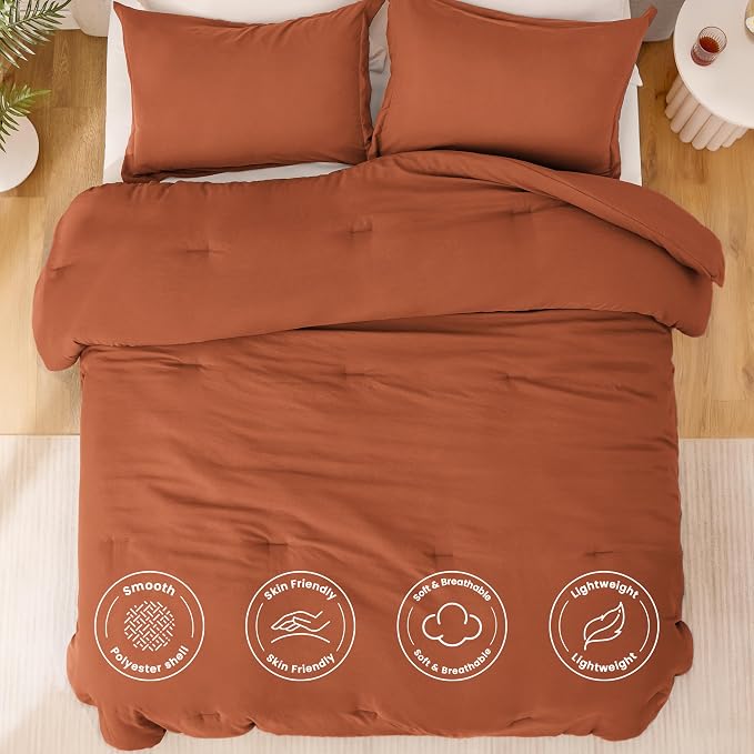 Love's cabin Terracotta King Size Comforter Set, 3-Piece Prewashed Bed Set with 1 Comforter (104 x 90 in) & 2 Pillowcases, Lightweight & Breathable for All Seasons