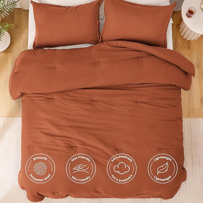 Love's cabin Terracotta Full Comforter Set, 3-Piece Prewashed Bed Set with 1 Comforter (79 x 90 in) & 2 Pillowcases, Lightweight & Breathable for All Seasons