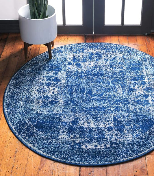 Unique Loom Bromley Collection Area Rug - Wells (3' Round, Navy Blue/ Ivory)