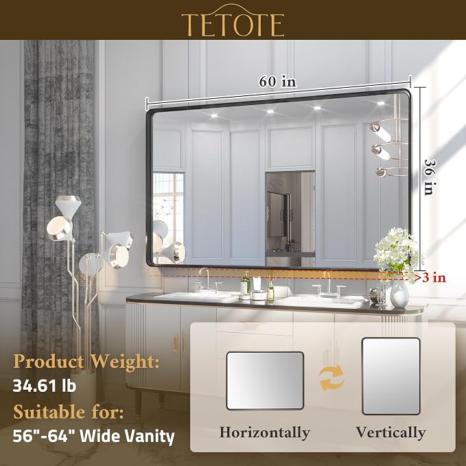 TETOTE 60 x 36 Inch Bathroom Mirror, Matte Black Metal Frame Modern Farmhouse Decorative Rectangle Wall Mirror for Double Vanity (Horizontal/Vertical)