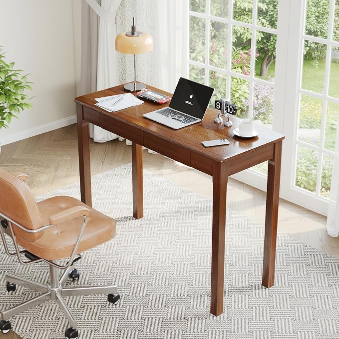100% Solid Wood Desk with Drawers 39 x 16 Inch Narrow Mid Century Modern Desk, Small Vintage Writing Wooden Desks for Small Spaces Bedroom, Living Room, Office