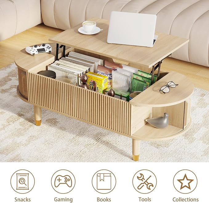 Oval Wood Coffee Table,Fluted Lift Top Coffee Table with Sliding Door and Solid Wood Legs,Suitable for Living Room,Home Office,and Apartment. (Lift Top Coffee Table-Oak)