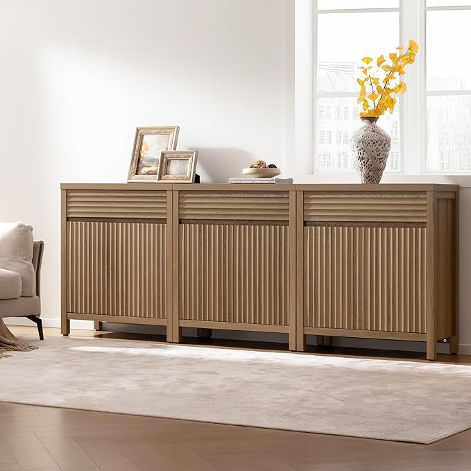 SICOTAS Fluted Buffet Cabinet with Storage - 29" Large Sideboard Modern Storage Cabinet Accent Coffee Bar Console Table with Drawers & Adjustable Shelves for Kitchen Living Room Entryway, Caramel Oak