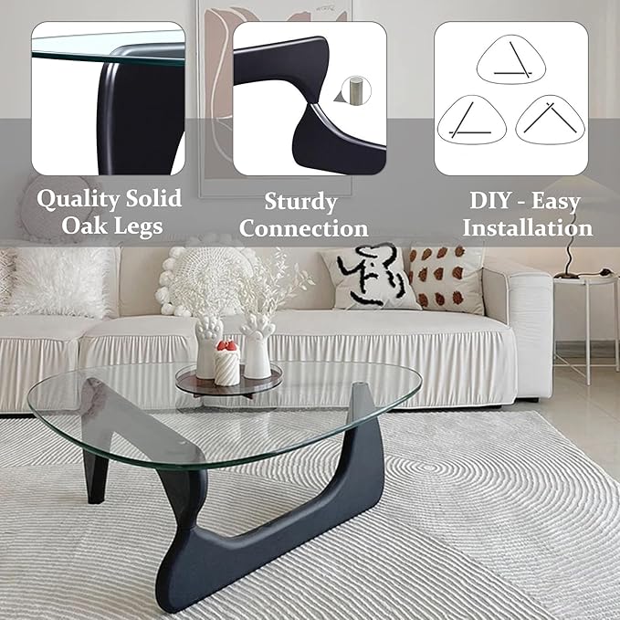 Modern Glass Coffee Table, 44.9"×32.3"×15.8" Triangle Center Table with Tempered Glass Top & Solid Legs, for Office Small Space Living Room