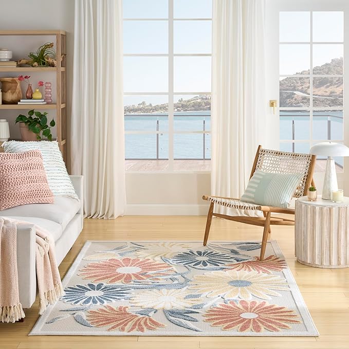 Nourison Home Aloha Ivory Rose 5'3" x 7'5" Area Rug - Easy Clean, Non Shedding, Bed Room, Living Room, Dining Room, Kitchen (5' x 8')