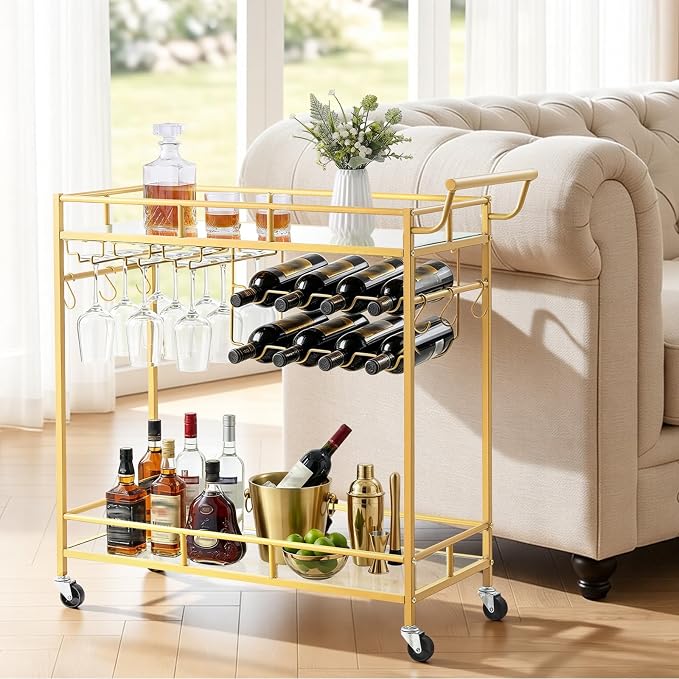 VEVOR Bar Cart, 2 Tiers Home Kitchen Serving Carts, Modern Rolling Utility Station on Wheels, Drink Beverage Trolley with Mirrored Glass Shelves, Wine Rack, Glass Holder, for Living Dining Room, Gold