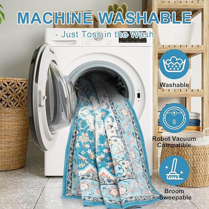 WILLSUN Washable Area Rugs, 4x6 Non-Slip Boho Large Area Rugs for Living Room, Bedroom, Machine Washable Vintage Rug, Indoor Floral Print Carpet for Home Decor, Kid & Pet Friendly Mat