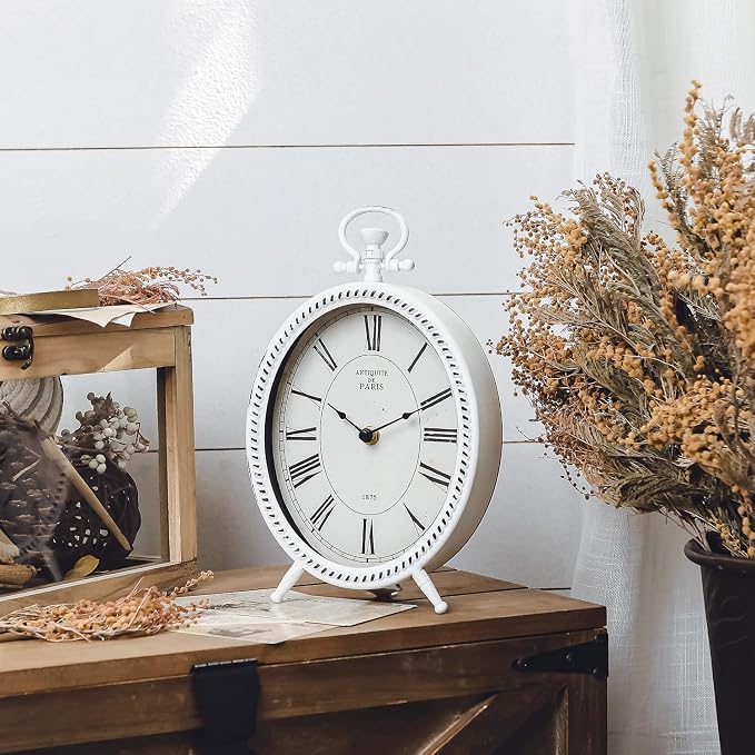 NIKKY HOME Vintage Table Clock, Metal White Table Clock Retro Non-Ticking Desk Clock Battery Operated Antique Non-Alarm Clocks for Bedroom Living Room Indoor Decoration