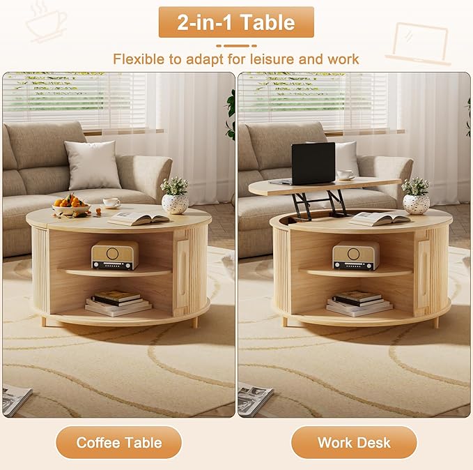Round Lift Top Coffee Table, 31.5” Fluted Wood Lift Up Center Table with Sliding Door & Hidden Storage, Mid Century Modern Coffee Table for Living Room & Home Office (Natural)