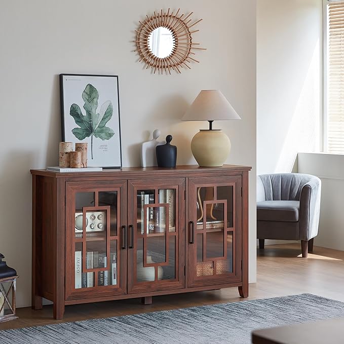 Large Sideboard Buffet Cabinet with Storage, 55" Farmhouse Kitchen Coffee Wine Bar Cabinet with 3 Glass Doors, Wood Mid Century Modern Side Board Table for Dining Room, Living Room,Brown