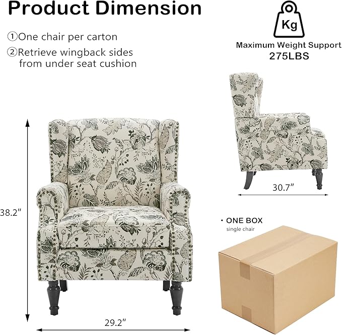 Wingback Chairs Set of 2, High Back Floral Accent Chair in Fabric, Comfy Upholstered Armchair with Nailhead Trim for Living Room, Single Sofa Reading Chair for Small Spaces, Bedroom-Plants Beige