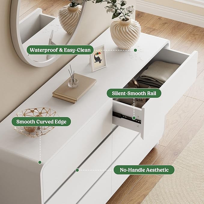 Lulive Wood Dresser for Bedroom, 53” Wide Chest of Drawers with 6 Drawers, Modern Closet Storage Drawer with Curved Profile Design for Living Room, Hallway, Entryway, White