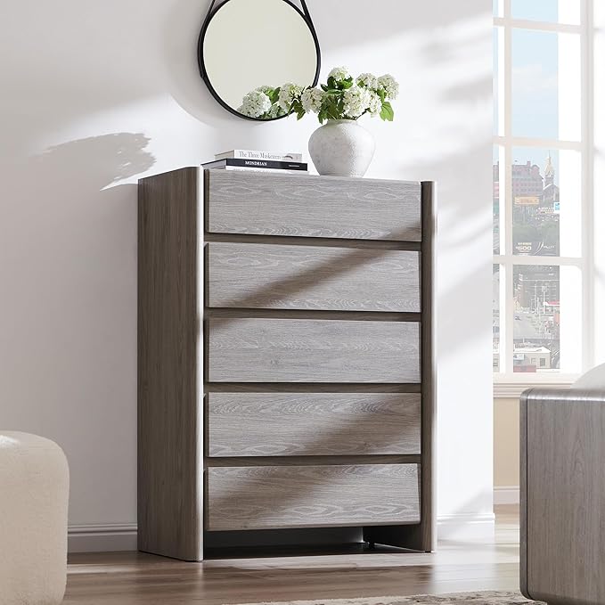 Modern 5 Drawers Dresser for Bedroom, 43" Tall Dresser & Chests of Drawers w/Rounded Corner, Wood Handleless Dresser w/Large Storage & Natural Texture for Bedroom, Living Room-Light Grey