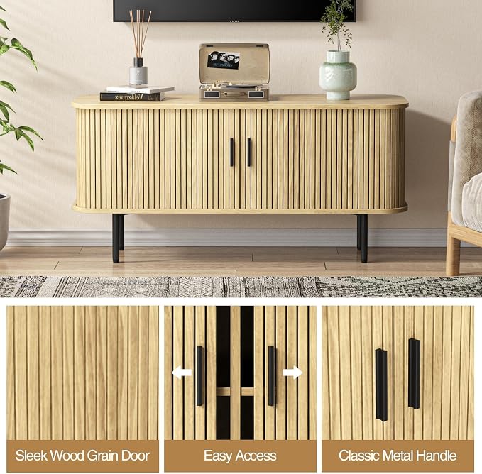 47''W Storage Cabinet, Fluted Sideboard Buffet Cabinet with Storage, Console Table Credenza with Tambour Slatted Sliding Doors and Shelves, TV Stand for Living Room, Kitchen, Entryway, Natural
