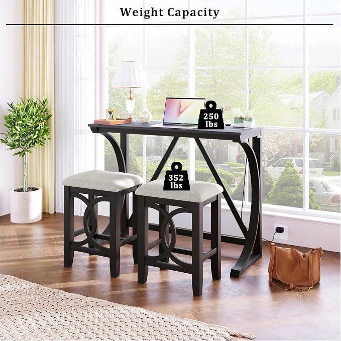 VilroCaz Farmhouse 3-Piece Counter Height Dining Table Set with USB Port and 2 Upholstered Stools, Rustic Dining Set Bar Set for Dining Room Kitchen (Espresso-R)