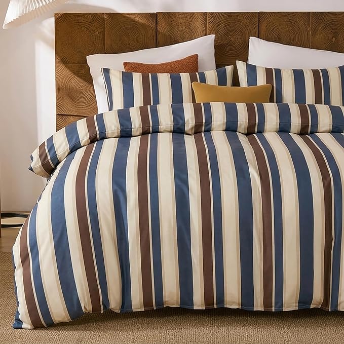 Merryword 100% Cotton Duvet Cover Set Queen Size - Vintage Blue Cabana Striped Bedding Set with Zipper & Corner Ties, 3-Piece Luxury & Silky Soft Bedding Set for All Seasons
