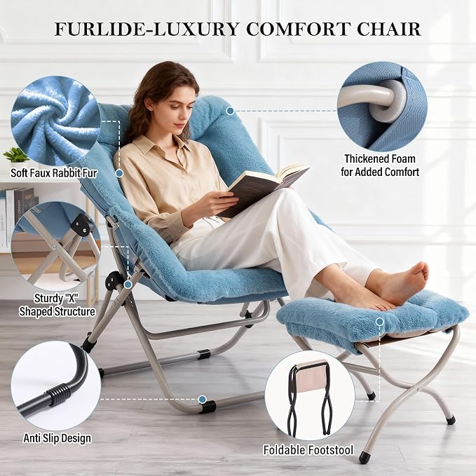 Furlide Saucer Chair With Ottoman - Oversized Folding Faux Fur, X-Large Soft Dorm, Foldable Metal Frame for Bedroom, Living Room, Study, Playroom (Blue)