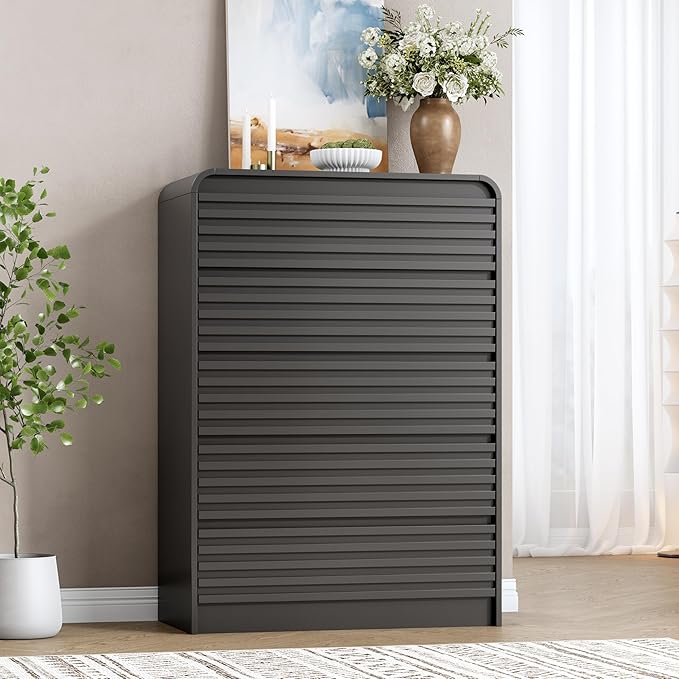 Fluted 5 Drawer Dresser for Bedroom, 45" Tall Wood Chests of Drawers with Curved Profile, Mid Century Modern Dresser with Large Storage & Hidden Handles for Living Room, Hallway, Black