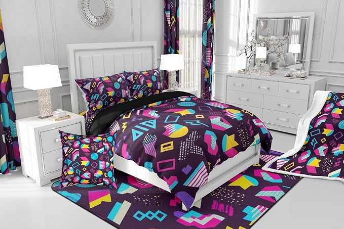 Retro 80s Style Bedding Set Twin,Abstract Geometric Pattern Duvet Cover Urban Modern Design with Circles and Triangle Comforter Cover Colorful Pop Art Inspired Pattern Quilt Cover for Boys Child