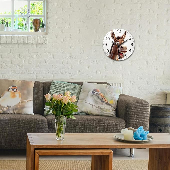 peacoblue Wall Clocks Battery Operated 12 Inch Funny Donkey Glass Round Wall Clock Non Ticking for Kitchen Living Room Dining Room Bedroom and Bathroom Decor Accessories (Battery not Included)