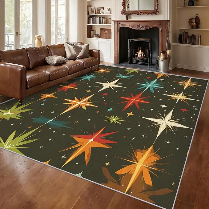 Atomic Rugs for Bedroom 7x9 ft, Abstract Starburst Area Rugs for Living Room, Washable Non Slip Low Pile Mid Century Modern Carpet, Home Decor PF-P 107
