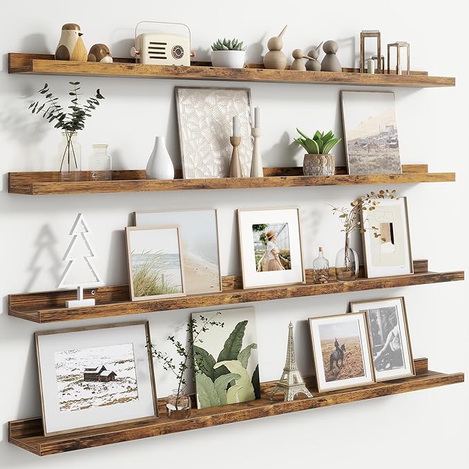Floating Picture Ledge Shelves Set of 4, 48 Inch Shelves with Lip - Large Nursery Book Shelf for Toys Storage, Kids Bookshelf, Living Room, Bedroom Decor Frames
