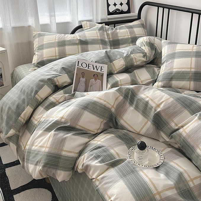 VM VOUGEMARKET Teen Boys Plaid Duvet Cover Set Twin XL Simple Farmhouse Style Cotton Green Buffalo Plaid Gingham Bedding Set 1 Duvet Cover with 2 Pillowcases
