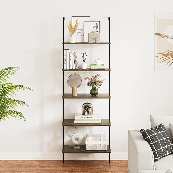 5 Tiers Ladder Shelf 2-Piece Black Modern Tall Bookshelf Open Large Tall Wall Mount Storage Bookcase Standing Leaning Wall Shelves Industrial Decorative (Brown)